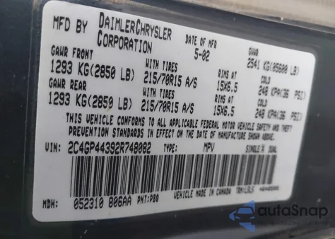 2002 Chrysler Town & Country Lx z USA, uszkodzony, nr VIN 2C4GP44392R748082